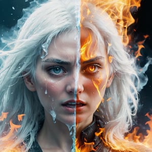 Split image of a Women, 
left half is burning with raging fire and the right half is Frozen, 
The left half of the face is extremely angry, and the right half of the face is crying and shedding tears.
white hair,

more detail XL, 
fire element, 

ice, fire, b3rli, ,composed of fire elements