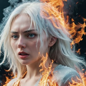 Split image of a Women, 
left half is burning with fire and the right half is ice, 
The left half of the face is extremely angry, and the right half of the face is crying and shedding tears.
Half blonde hair, half white hair,

more detail XL, 
fire element, 

ice, b3rli, ,composed of fire elements