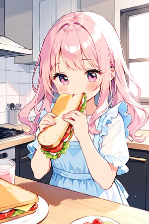 ((masterpiece)), ultra detailed, best quality, 8k, high resolutionl, aesthetic, pastel, 1girl, 10age, smile, ((cute eyes)), ((kawaii)), cute, ((lovey)), long hair, beautiful detailed face,apron,frills, pink hair, pink eyes, standing infront of kitchen, foods on table, smiling, t-shirt, eating Sandwich, eating, holding large Sandwich, mouth hidden with food, eating, (eat a sandwich:1.4)