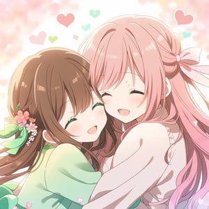 2girls, cute,   (((brown hair and gradient Green eyes ))), ribbon, cute, , cute,  (((pink hair and Closed eyes))), very cute, long hair,Visual Anime, smiling, laughing, smiling, dream, hug, happiness,hair ribbon, blushing, flowers, candies, joy, hearts