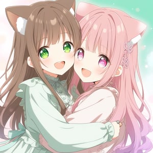 2girls, cute,   (((brown hair and gradient Green eyes ))), ribbon, cute, (((pink hair and Gradient Pink eyes))), cute,  very cute, long hair,Visual Anime, smiling,jiraikei, ,, jirai-kei , laughing, smiling,  ring, dream, hug, happiness, cat ears