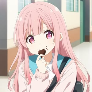 1girl, cute,  (((pink hair and Gradient pink eyes ))), cute,   very cute, Visual Anime, smiling,  ,source_anime, at school, bangs, long hair, eating chocolate, eating, smiling