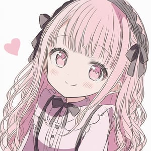 1girl, cute,  pink  hair, Pink eyes, cute, loli, , white background, bangs,   blushing, , smiling,  very cute, long hair, cute clothes, ribbon, jirai_kei, jirai-kei, smiling, heart, 