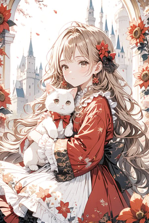 1girl, solo, long hair, looking at viewer, blush, bangs, light brown eyes, dark orange brown hair, long sleeves, dress, bow, holding,, very long hair, closed mouth, red flower, , red flower, earrings, frills, , puffy sleeves, wide sleeves, light blue dress, , stuffed toy, frilled dress, stuffed animal,  flower, lolita fashion, white cat doll, object hug, layered sleeves, holding stuffed toy,maria mikhailovna kujou, castle,golden gorgeous frame, kimono dress, 