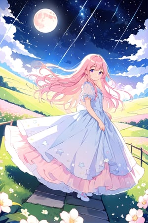 ((masterpiece)), ultra detailed, best quality, 8k, high resolutionl, aesthetic, pastel, 1girl, 10age, smile, ((cute eyes)), ((kawaii)), cute, ((lovey)), long hair, beautiful detailed face, pink hair, pink eyes, happy, wearing hoop dress, glass field, walking paths, rain, star in the sky, night, girl looking at the star, clouds, moon light,hoopdress