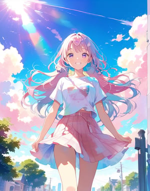 ((masterpiece)), ultra detailed, best quality, 8k, absolutely resolution, aesthetic, watercolor, beautiful gradation, high detailed eyes, pink theme, 1girl, (((kawaii))), (((loli))), smile, long hair, t shirt, skirt, walking, summer, sky, cumulonimbus, lens flare, 