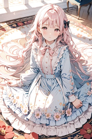 1girl, solo, long hair, looking at viewer, blush, bangs, pink eyes, pink hair, long sleeves, dress, bow, , very long hair, closed mouth,  frills, light blue dress, ,  frilled dress, lolita fashion, belgium,flower carpet, brussels, 