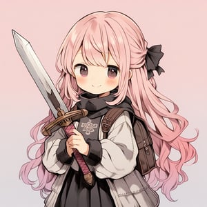 1girl, cute,  (((pink hair and Gradient pink eyes ))), cute,   very cute,  smiling,  ,source_anime, at school, bangs, long hair, kawaii knight, holding sword, soft drawing