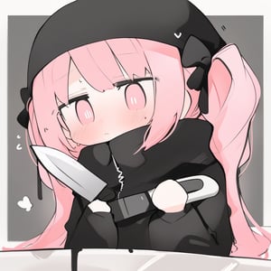 1girl, cute, cute,   very cute ,source_anime, bangs, , mikozin, dark theme, ,yandere,holding knife, jirai-kei,depressed, pink hair and pink eyes, twin tail