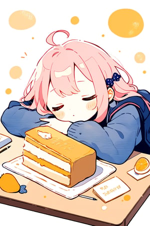 ///quality, masterpiece:1.4, detailed:1.4,best quality:1.4,//,1girl,solo,//,pink hair,,ahoge, long hair, closed_eyes,//,hair_accessories,accessories,,(Blue coat),//,blush,(sleeping),(sleepy smokey eyes),head tilt,bags_under_eyes,eye_circles,(bags under eyes),(closed eyes), mouth_open,drooling,((dark circles around eyes)),((bags_under_eyes)),//,from above,head resting on table,lying on table,books, pen,//,zz,((zzz)),,table,((Chibi character)),cute comic,doodle,doodleredm,cake on the table, kiwi fruit on the table