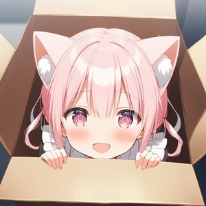 1 girl, pink hair, gradient pink eyes, inside of a cardboard box, cat ear, staring, gaze, cite, best quality,cat girl, excited, happy, smiling, in the house, shyining eyes, happiness blushing, loli, maid clothes, cat mouth