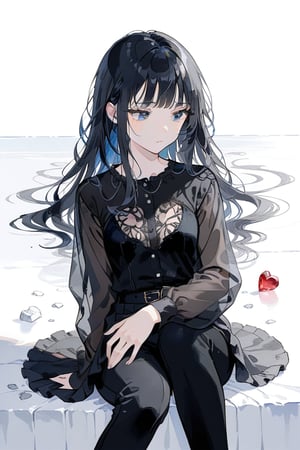 ((masterpiece)), ultra detailed, best quality, 8k, high resolutionl, aesthetic, 1girl, girl in a glass, curl up, black hair, long hair, bangs, blue eyes, sad expression, short black pants, long sleeve black shirt, broken heart