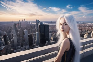 A girl, long white hair, white skin, yellow eyes, robotic metallic mechanical body. Beautiful city in a magnificent drawn sky.