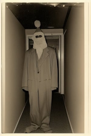a man in a costume standing in a hallway , vintage photo