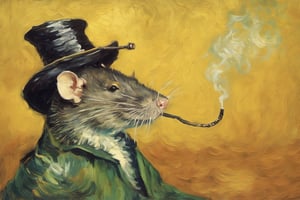 v0ng44g, p0rtr14t, soft blurry oil painting portriat of a close up shot of a (((rat smoking hookah with aristocrat hat by van gogh))), farm field backdrop heavy brush strokes, by van Gogh,