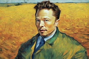 v0ng44g, p0rtr14t, soft blurry oil painting portriat of a close up shot of a (((elon musk by van gogh))), farm field backdrop heavy brush strokes, by van Gogh
