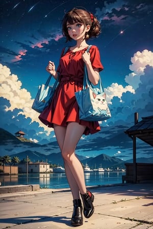 a make uped girl, red dress , in the air , stars in the backgroud, holding a cat tote bag
