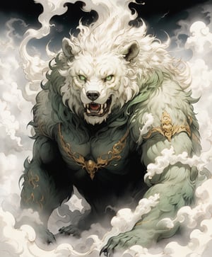 (Raw Photo:1.3) of (Ultra detailed:1.3) humanoid,bear(monster) , white colours, shining green eyes, highly detailed, digital painting, art,on parchment,The_Resurrectionist,mythical clouds