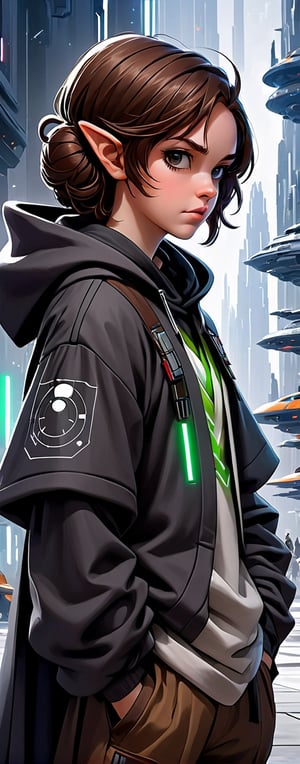 A 25 years old jedi knight.with a hoody Brunette hairs. In background a scifi city. Anime. Star wars art. Star wars. 2d. 2d art. Well draw face. Detailed. Dynamic pose.