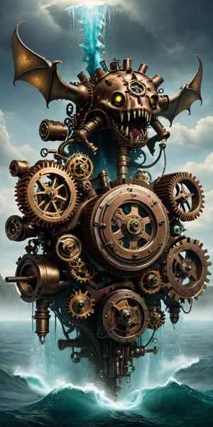mechanic monster, gears, flying, steampunk style, horrific water 