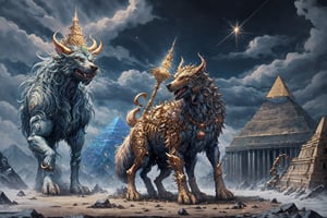 fantasy00d, giant god dog standing on his two legs holding a scepter destroying a pyramid, mythological,bifang