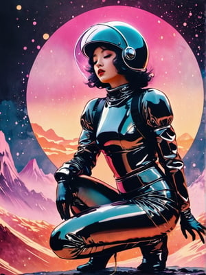 Japanese style, 80s retro vibe, aesthetic, space girl kneeling, submissive, ink brushstrokes in background, looking at viewer, ink rain, stunning image, bubble helmet, ink smoke, geometric mountain background, retro-style sun.