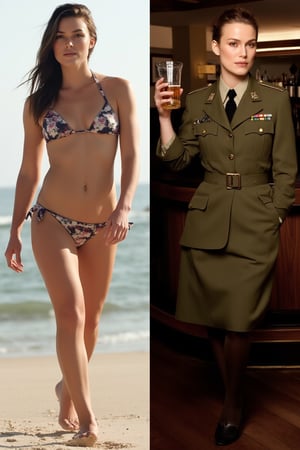 full body portrait of Keira Knightley. Split image of two women. On the left picture she is wearing a bikini with floral pattern on a beach. On the right picture she is wearing a generals green military uinform in a bar, holding a beer.

KeiraKnightley