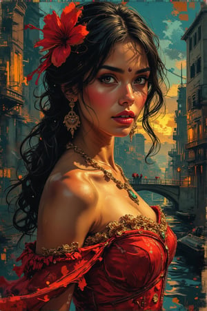 Create an abstract impressionist portrait featuring bold, textured brushstrokes with a rich Baroque-inspired color palette. A beautiful Hispanic girl in Gypsy dressing. The figure's face and dress should be highlighted by deep carmine and gold tones, while the background showcases a cityscape at sunset with shadowy blues and greens. Use Umber for contrast and Olive Greens to blend with the setting. Incorporate intense Prussian Blues in the shadows and Ochre Yellows for warmth. The overall composition should evoke drama and opulence, contrasting tranquil facial features with expressive color contrasts.,Flux Oil art