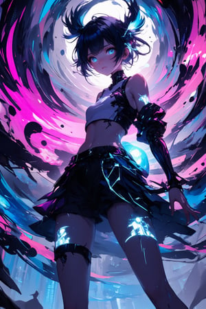 A futuristic girl with cybernetic enhancements and glowing fractal patterns on her skin stands amidst a swirling vortex of neon lights and ink-like wisps. Her eyes, aglow with soft blue luminescence, lock onto the viewer as she performs a dynamic dance pose, surrounded by glitchy digital tendrils that appear to be breaking free from the confines of reality. anime