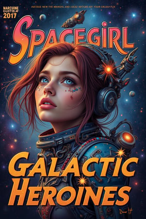 A magazine cover with the text “Spacegirl: Galactic Heroines”. The text has a very dynamic font.