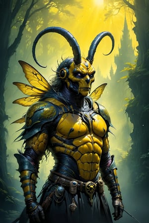 furry human-bee hybrid warrior dressed in medieval chestplate, long antennas, ((Dynamic, exciting, quirky)) digital painting, vivid colors, highly detailed, UHD drawing, pen and ink, perfect composition, 8k artistic photography, concept art, soft natural volumetric cinematic perfect light, Style by Ralph McQuarrie, Wayne Barlowe, Vincent Di Fate, Syd Mead Boris Vallejo, flat chested,zavy-fltlnpnt, chiaroscuro