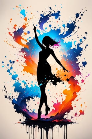 silhouette of a girl, ink brushstrokes in background, looking at viewer, dancing pose, ink rain, stunning image, ink smoke, digital art, professional style, ((masterpiece quality: 1.4)), ink droplets, attractive image.,INK,Ink art, big orange and blue ink swirls