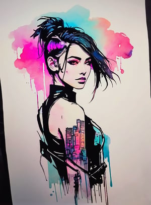 cyberpunk warrior in a city, neon lights, flat chested, ((ink and watercolors)), minimalistic