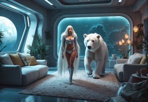 close-up of an average looking polar bear black woman space commando dressed in futuristic bikini chestplate. She has a cape made of white fur. Her hair is pure white. She walks with a very big armored polarbear. They are in the common area of the spaceship a social hub designed with both functionality and style in mind. Comfortable, modular sofas upholstered in shimmering metallic fabric are arranged in a semi-circle around a large, transparent screen used for entertainment and virtual meetings. Soft, recessed LED lights and adjustable floor lamps create a warm, inviting atmosphere, while the polished stone-like flooring and a galaxy-patterned rug add elegance and a focal point. The walls, adorned with windows showing a large uranus and the blackness of space outside, feature seamless storage compartments to keep the space clutter-free. A compact kitchenette with sleek, white surfaces and touch-sensitive cabinets allows for easy snack preparation. The decor blends futuristic and cozy elements, with bioluminescent potted plants and statement pieces like a sculptural coffee table and a star-mimicking art installation, making the common area both functional and aesthetically pleasing. Dynamic, quirky digital painting, high contrast, very detailed, vivid colors, highly detailed, UHD drawing, pen and ink, perfect composition, 8k artistic photography, concept art, soft natural volumetric cinematic perfect light, Style by Ralph McQuarrie, Wayne Barlowe, Vincent Di Fate, Syd Mead, Boris Vallejo, flat chested, chiaroscuro