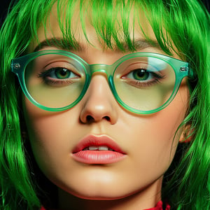 realistic photograph of a goddess, green hair, reflective glasses, high contrast, retroillustration, pop,NaturalFace,imperfect skin