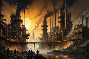 aerial picture of a Steampunk ((industrial complex)) with lots of smoke and coal dust factories with reflective bronze pipes, tired factory workers ((Dynamic, exciting, quirky)) digital painting, highly detailed, UHD drawing, pen and ink, perfect composition, 8k artistic photography, concept art, soft natural volumetric cinematic perfect light, Style by Ralph McQuarrie, Wayne Barlowe, Vincent Di Fate, Syd Mead Boris Vallejo, flat chested,zavy-fltlnpnt, chiaroscuro,merge,anthro