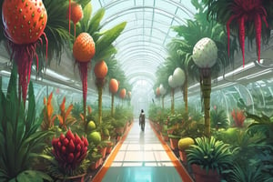 Illustration of the interior of a huge lab hall with jungle, greenhouse on Mars, futuristic, white containers, sleek lab, GMO, strange plants, fruits, dome, industrial greenhouse, shiny laboratory, hydrophonics, aeroponics, arch, chilies, strange pineapple, rambutan, kiwano, durian, glass, colorful plants, red desert, narrow passage, mystical, cinematic, highly detailed. Art style by Clayton Crain + Ross Tran + Rachel Walpole + Jeszika Le Vye + Dan Volbert + Simon Stalenhag + Brian Stelfreeze, Leonardo Style