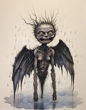 (oily wings:1.4), demon granny, flat chested, nude, (rain and storm:1.4), a dispoportionate creature of both nightmare and wonder, detailed background, intricate detail, watercolor, rainbow