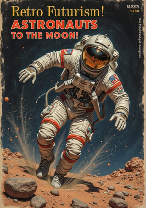 A 60s magazine cover with the text “Retro Futurism: Astronauts to the Moon!".