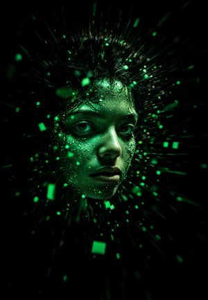 In a deep black void, a radiant green explosion unfolds, comprising intricately arranged squares and geometric patterns. The portrait of a woman emerges, her features defined by sharp lines and crisp edges. Focal point is sharp, with a shallow depth of field (DOF) allowing the viewer's gaze to linger on her visage. In stunning 4K resolution, every detail is rendered in exquisite high definition, from the subtle contours of her face to the intricate textures that adorn her skin. Against this dark backdrop, her beauty shines like a beacon, drawing the eye into a dynamic composition where light and shadow converge.