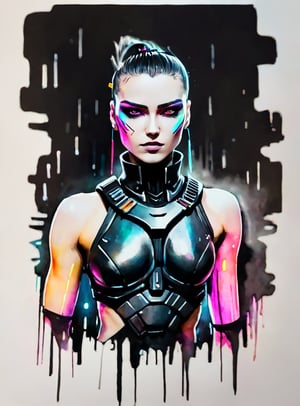 cyberpunk warrior in a city, neon lights, flat chested, ((ink and watercolors)), minimalistic