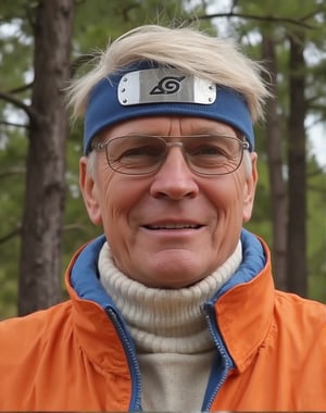 close-up photo of the face of DrDino as an old naruto wearing a bright orange jacket with blue accents and naruto head band. The jacket has a high white knit collar turned up. The jacket's zipper is closed. He has glasses and a lopsided forced smile. Forest in the background. Naruto clothes 