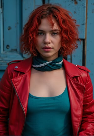 Iphone photo portrait of a young woman, deep look, with vibrant red and wild curly hair, with a bold and dynamic style. Visible skin texture, imperfect skin. She has piercing blue eyes and an intense expression. The woman is wearing an open jacket with a low neckline, made of bright red leather which gives her a rebellious and daring appearance. Underneath the jacket is a teal tight fitting t-shirt, adding a soft touch. The background consists of a weathered and weathered wooden surface in a distressed blue tone, creating a complementary color scheme with the teal scarf. The overall atmosphere is bold, edgy and dramatic.,Ink art style,Midjourney_Whisper