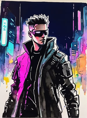 cyberpunk warrior in a city, neon lights, flat chested, ((ink and watercolors)), minimalistic