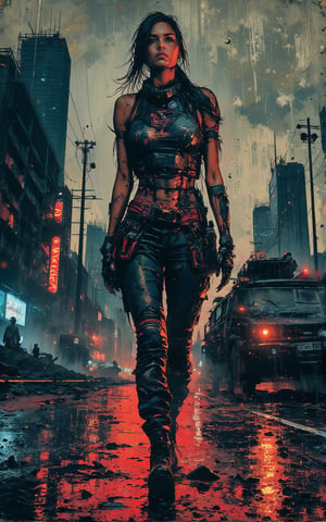 rough Impressionist painting of a futuristic female soldier with Cybernetic enhancements, neonpunk city in the background with futuristic military vehicles, rain, wet asphalt.,RETRO FUTURISTIC,Ink art style