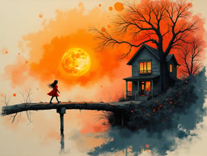 Close-up on a cracked paper poster featuring an intricate ink illustration of the Earth and planet in double exposure. A tiny house sits atop a long tree branch, viewed from a top angle with stunning Hudson River School-inspired light. In the foreground, a beautiful girl in red walks towards us on a misty sunset bridge, surrounded by cinematic fog. The atmosphere is mystified by dynamic shadows and sparks of transparency, reminiscent of Repin Kuindzhi's expressive brushstrokes and mixed wash masterpieces. The scene transcends with depth, inviting us to gaze into the water's air perspective.