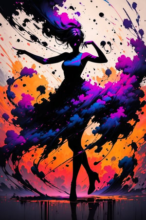 silhouette of a girl, ink brushstrokes in background, looking at viewer, dancing pose, ink rain, stunning image, ink smoke, digital art, professional style, ((masterpiece quality: 1.4)), ink droplets, attractive image.,INK,Ink art