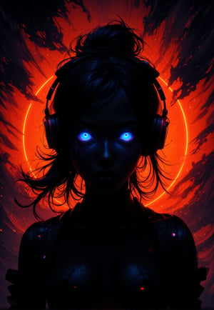 Vaporwave, 2d anime art illustratuon, moxin, ink splatters and bold brush lines, dark silhouette of a female alien cyborg with headphones in a pitch black void, looking at the viewer, orange rim lighting gradually changing into red room lighting, eyes glowing with cold blue light, rising smoke, fever dream, chrome skin, volumetric lighting, subsurface scattering, godrays, frosted particles,noc-futuristic,Ink art style,Midjourney_Whisper