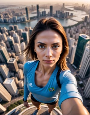 extremely realistic fisheye photo of a fit woman looking at the camera on top of the tallest skyscraper, city of brazil far below in the background, windy, golden hour, photograph, detailed background