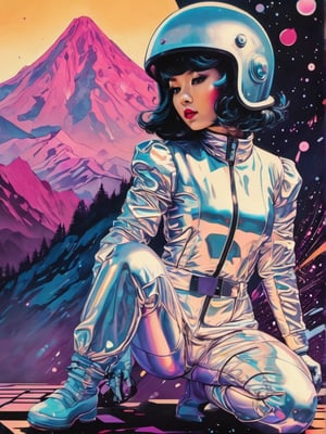 Japanese style, 80s retro vibe, aesthetic, space girl kneeling, submissive, retro bubble helmet, ink brushstrokes in background, looking at viewer, ink rain, stunning image, ink smoke, geometric mountain background, retro-style sun.